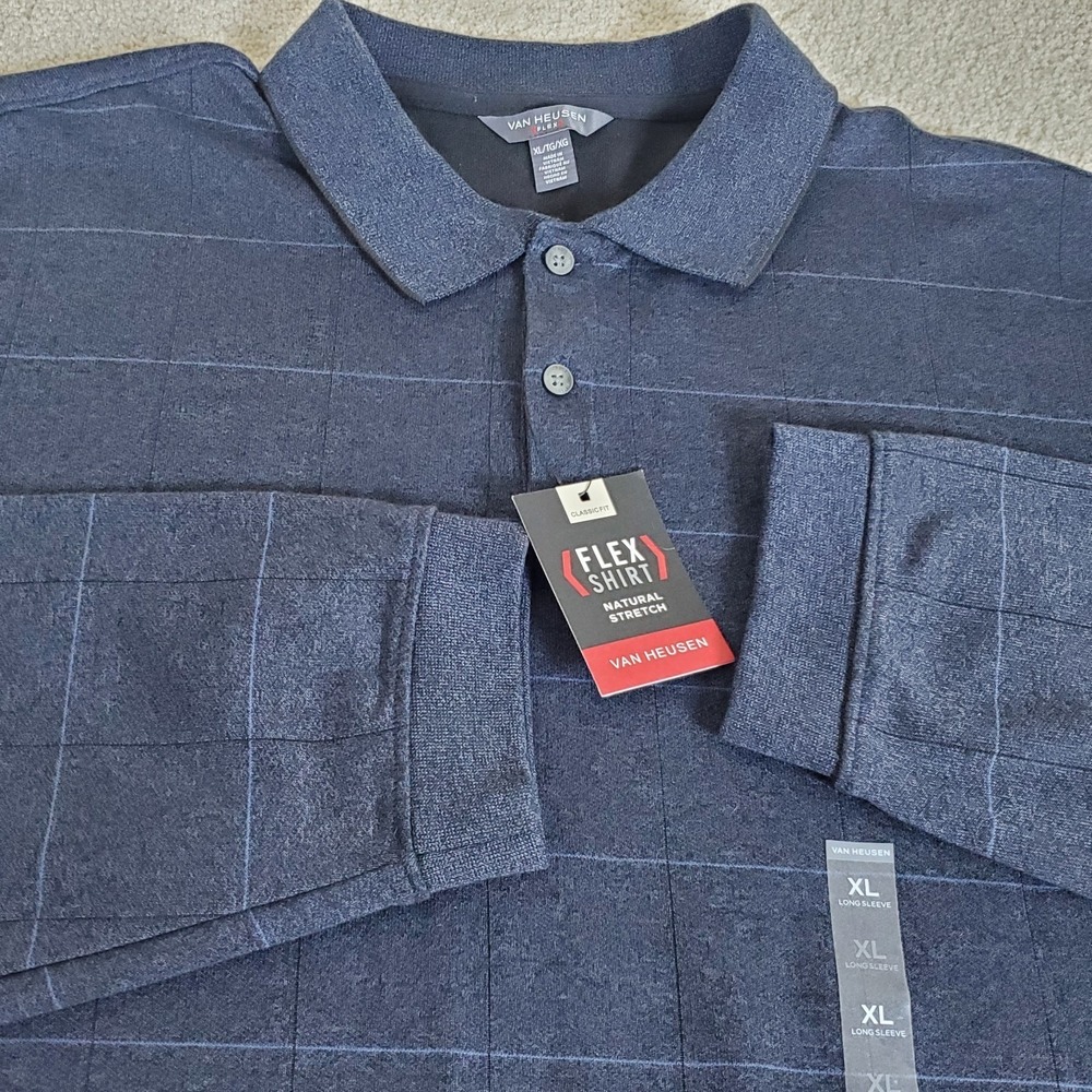 Van Heusen Men's Polo Shirt Size XL Blue Windowpane Long Sleeve Flex Shirt NWTGS